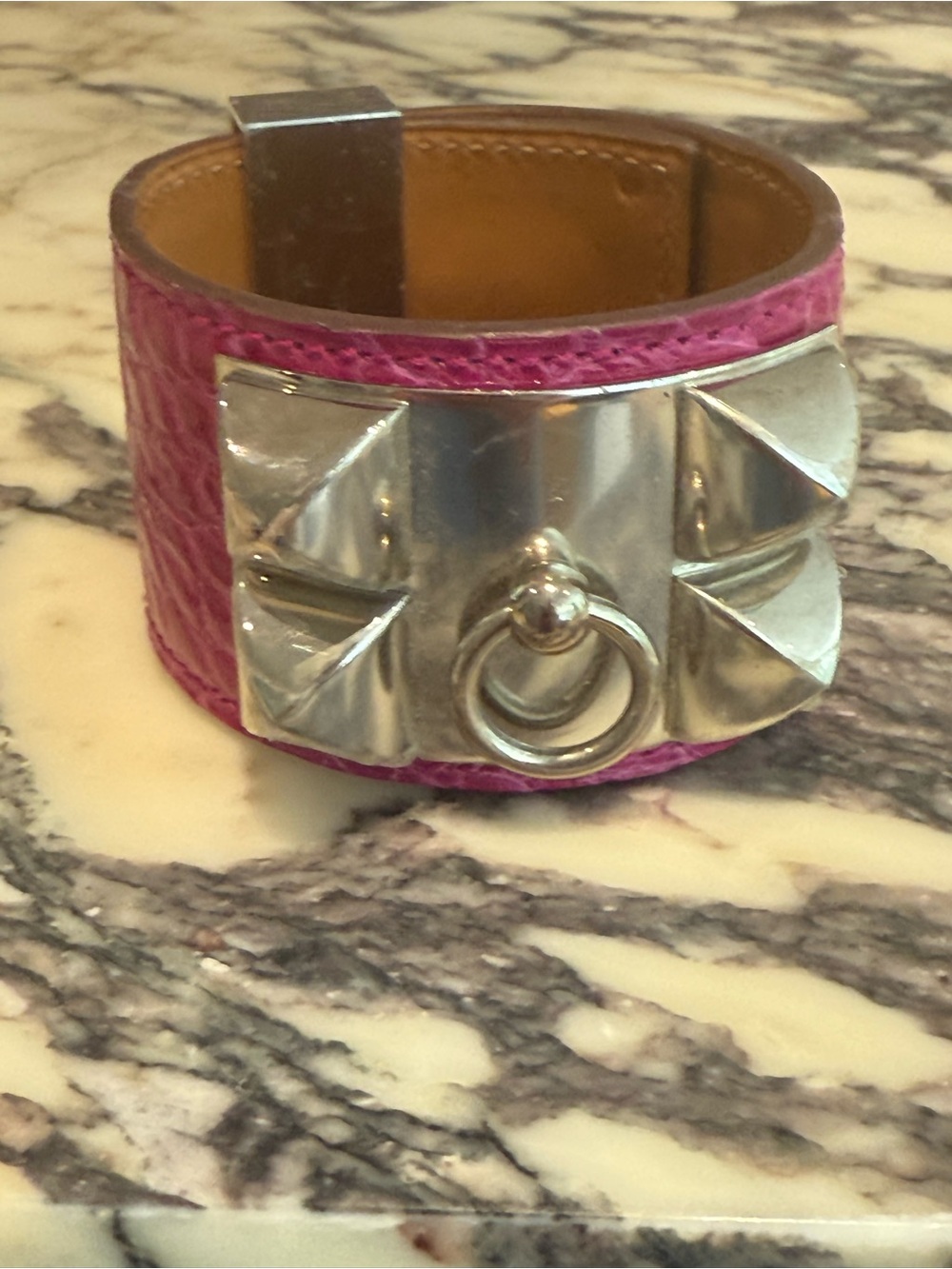 Hermes collier de shin Pink Leather Statement Cuff Bracelet with Silver Hardware
